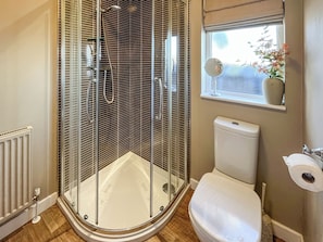 A corner bathroom with a glass-enclosed shower, a white toilet, and a window with a plant.