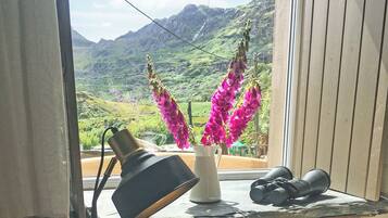 A window with a view of a mountainous landscape, a white vase with pink flowers, a black desk lamp, and a pair of binoculars.