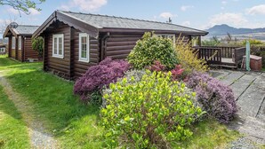A log cabin with a deck, surrounded by lush greenery and a clear sky. - 2 bedroom accommodation in Trawsfynydd (Trawsfynydd)