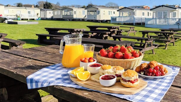 Un montaje para picnic con comida y bebidas sobre un mantel a cuadros, con vistas a una hilera de viviendas móviles.