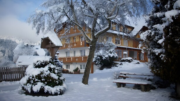 Ein schneebedecktes Gebäude mit vielen Fenstern und einer Holzterrasse.