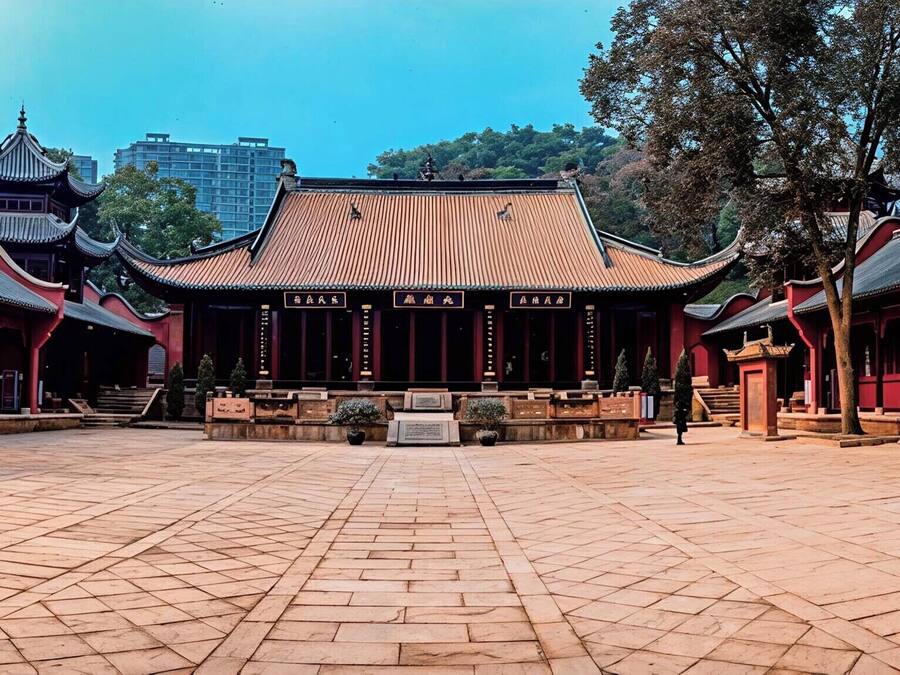 A traditional courtyard with a central pavilion, surrounded by buildings with traditional architecture.