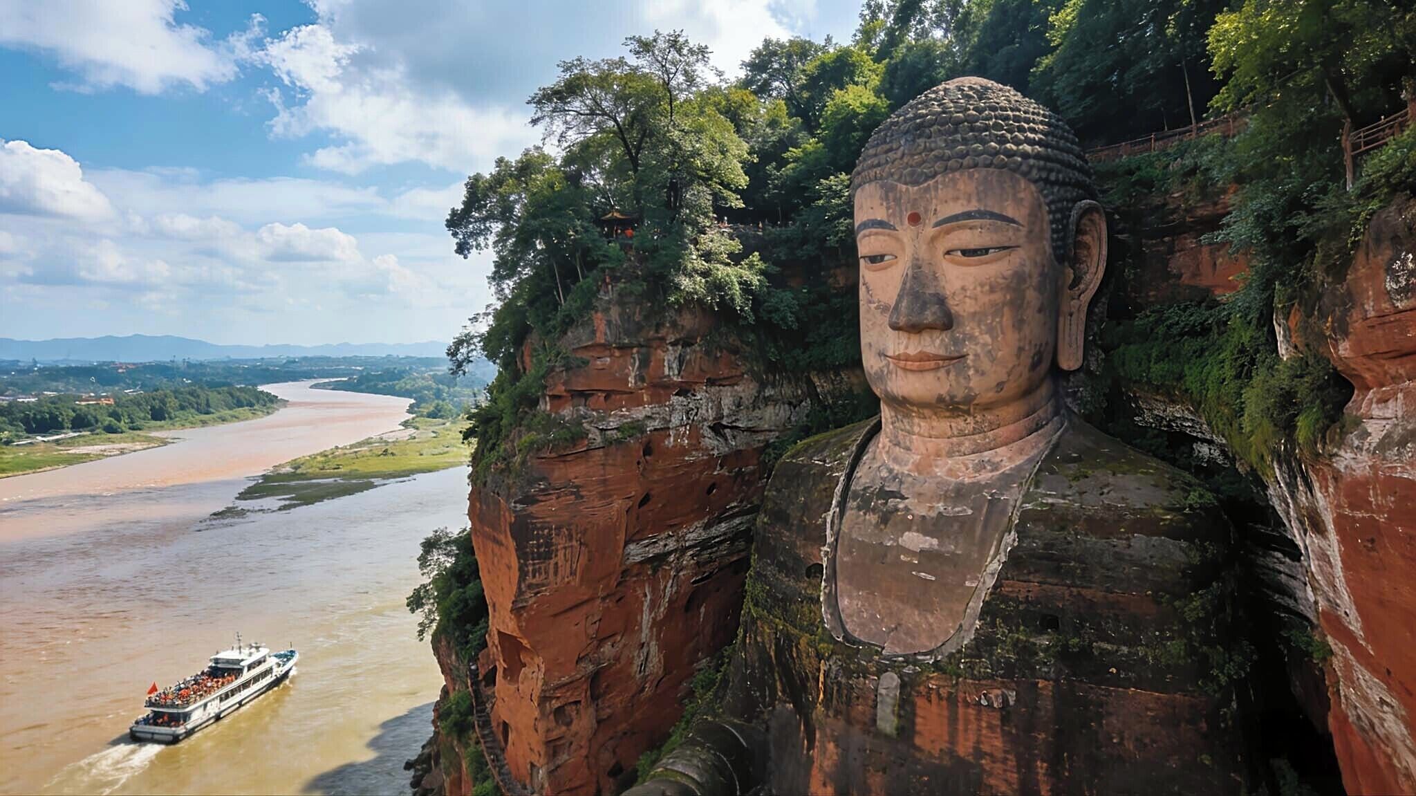 A large Buddha statue on a cliff overlooking a river with a boat.