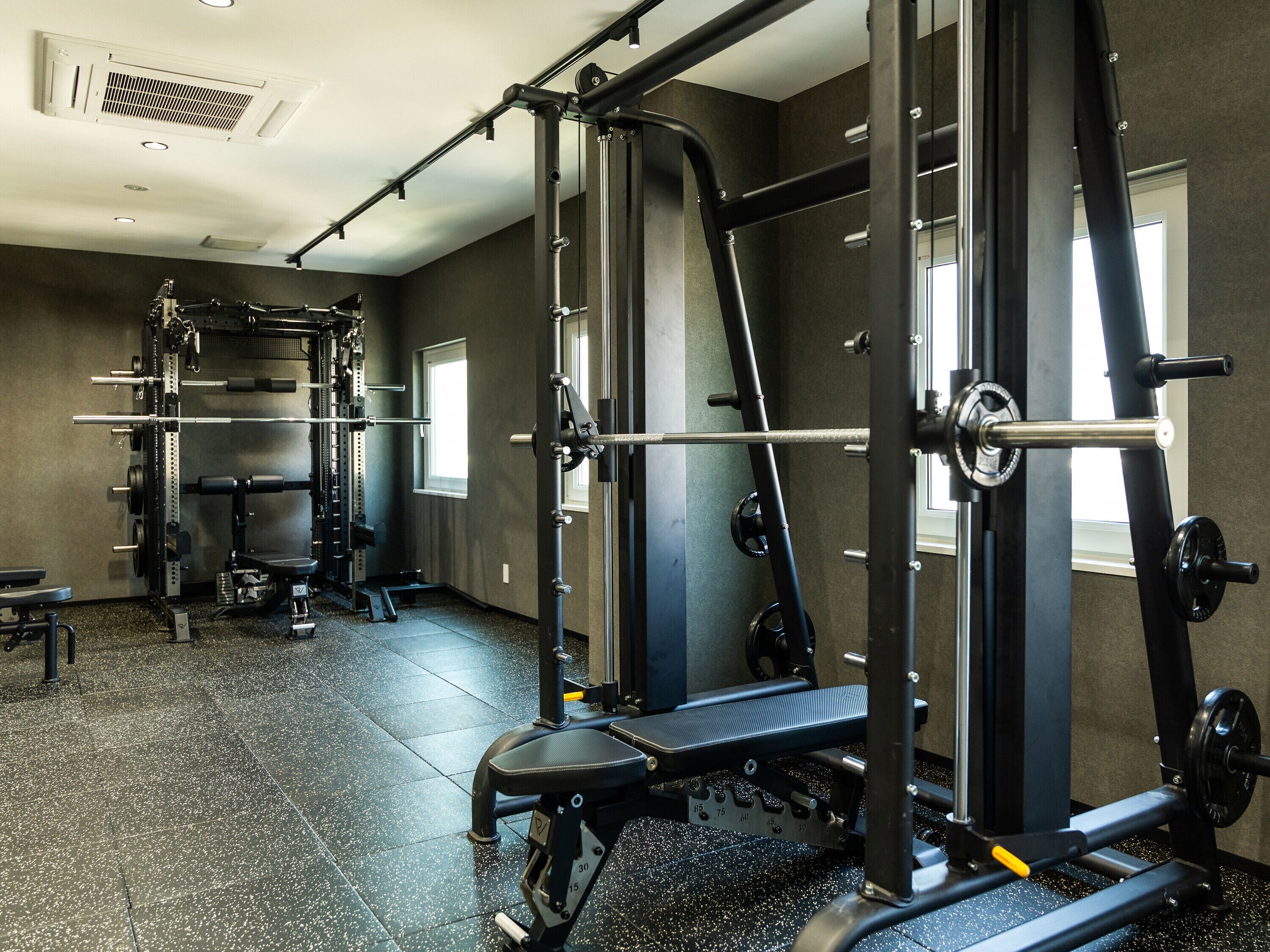 Een fitnessruimte met diverse gewichthefapparaten, waaronder een power rack en banken.