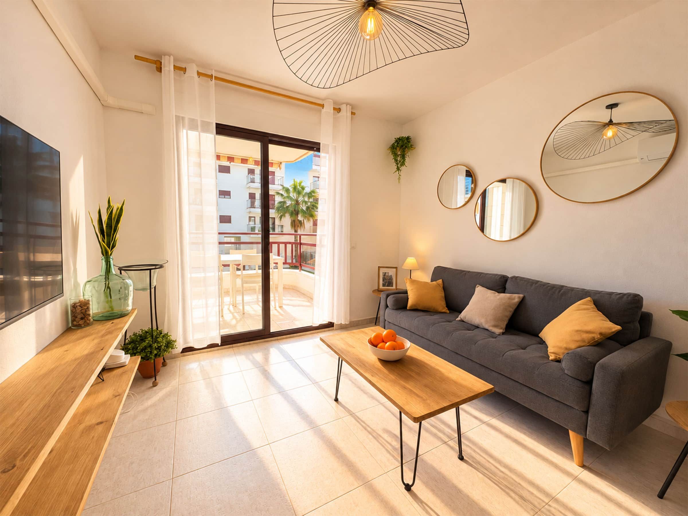 A modern living room with a sofa, coffee table, and a balcony with a view.