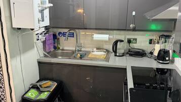 Fridge, microwave, stovetop, cookware/dishes/utensils