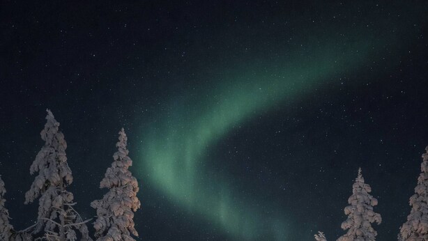 A snow-covered landscape with a cabin and trees under a starry night sky.