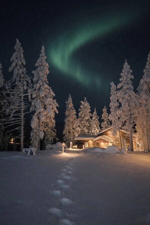 Lumipeitteinen maisema, jossa on mökki ja puita tähtikirkkaan yötaivaan alla.