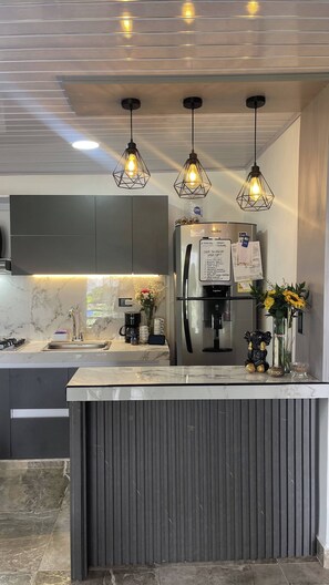 A modern kitchen with a built-in refrigerator, a marble countertop, and pendant lighting.