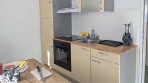 Eine kleine Küche mit Herd, Backofen und Spüle.