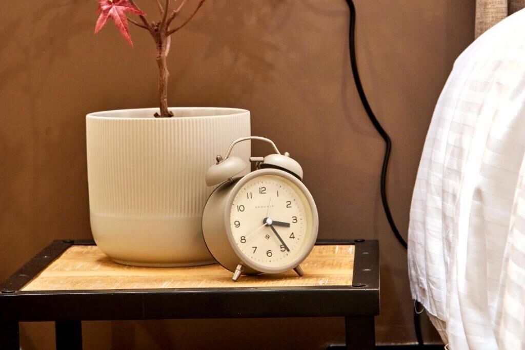 Uma mesa de cabeceira com um despertador branco e um vaso com planta.