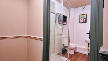 A bathroom with a glass-enclosed shower, a toilet, and a sink.