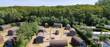 Un terrain de camping doté de plusieurs cabanes en forme de dôme, d’un espace central aménagé pour les rencontres et entouré d’une forêt.