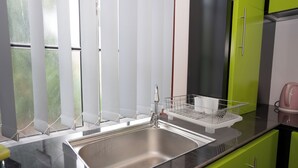 A kitchen with a stainless steel sink, a dish rack, and green cabinets. - Hotel Ranthil - Galle (Galle)
