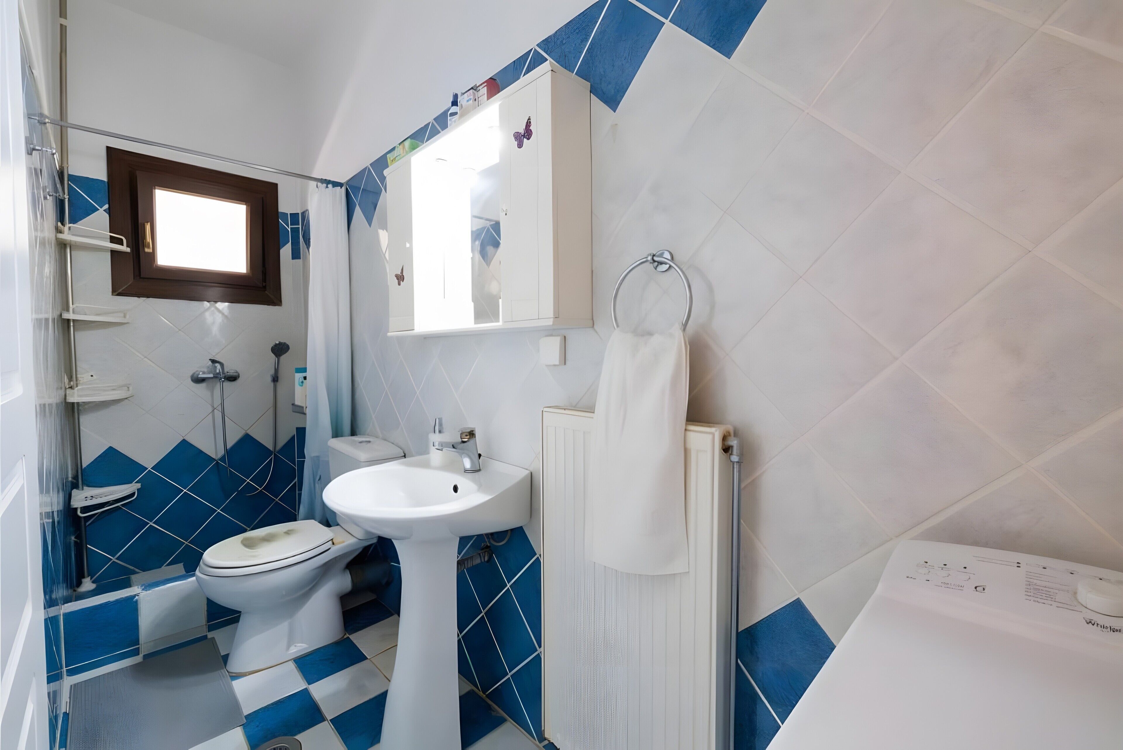 Une salle de bain équipée de toilettes, d’un lavabo, d’une douche et d’une fenêtre.