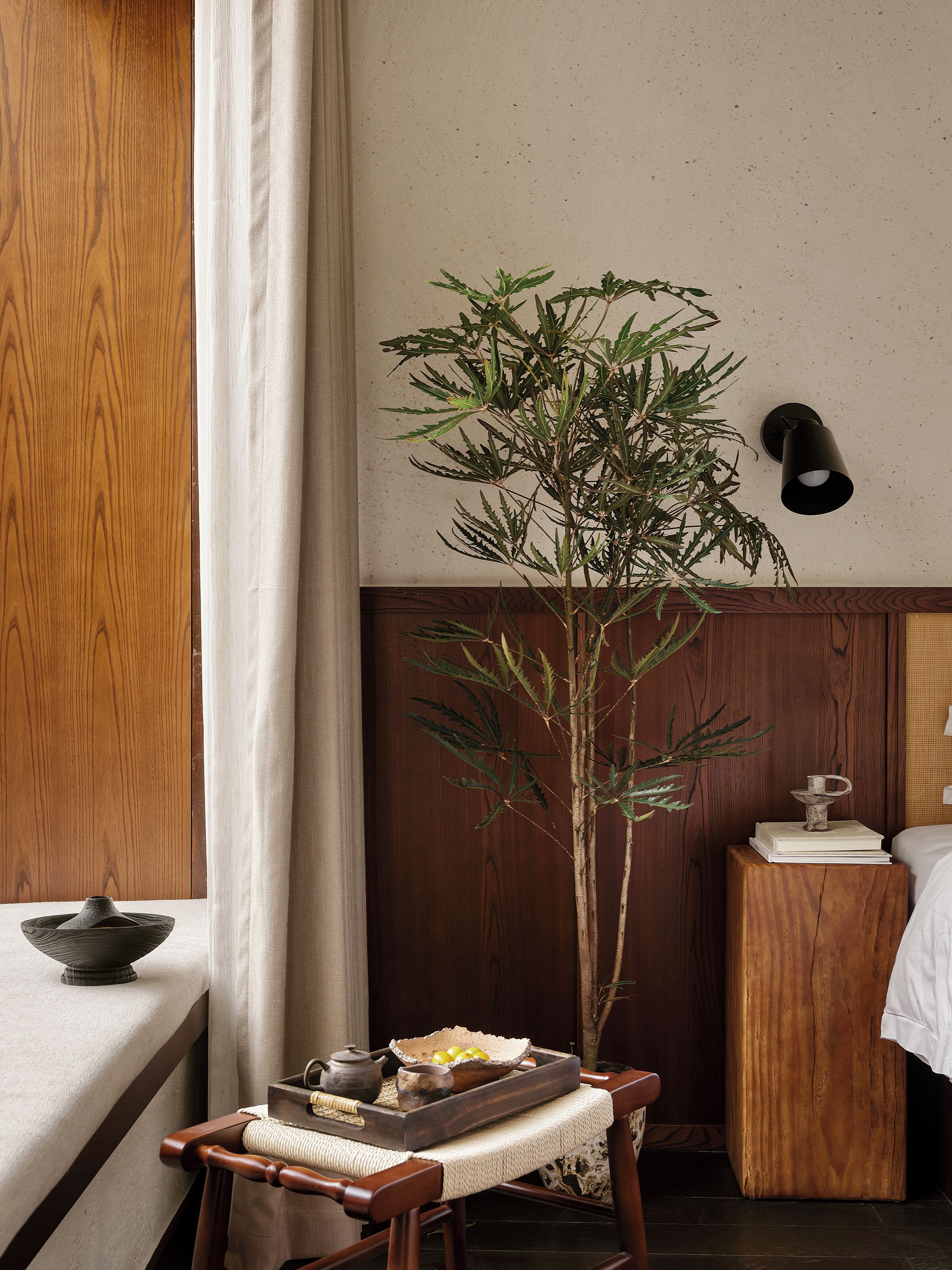 Una habitación con pared de madera, una planta en maceta, una mesita con una bandeja de manzanas, un hervidor y una taza.