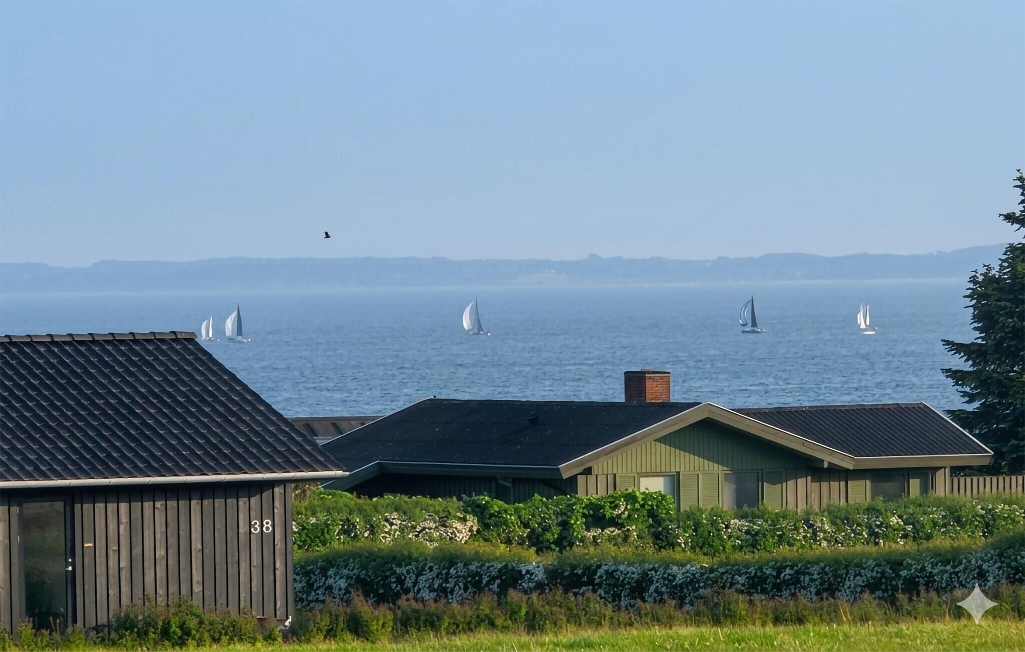 Una propiedad costera con vista al mar, que cuenta con un edificio de madera con el número 38, una casa verde y un jardín con plantas en flor.