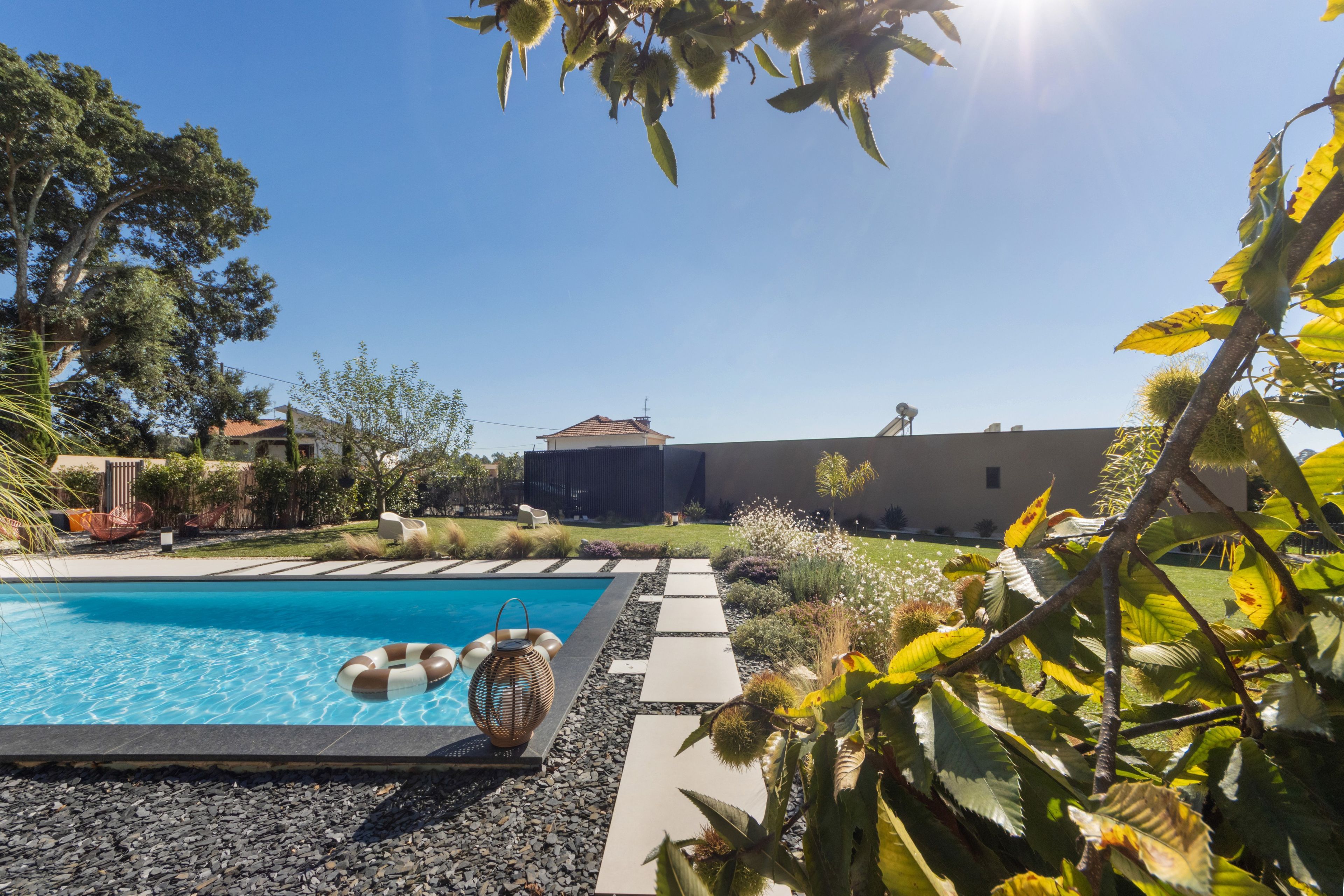 Une piscine à l’eau d’un bleu limpide, entourée d’un jardin où poussent différentes espèces de plantes, avec un bâtiment visible au loin.