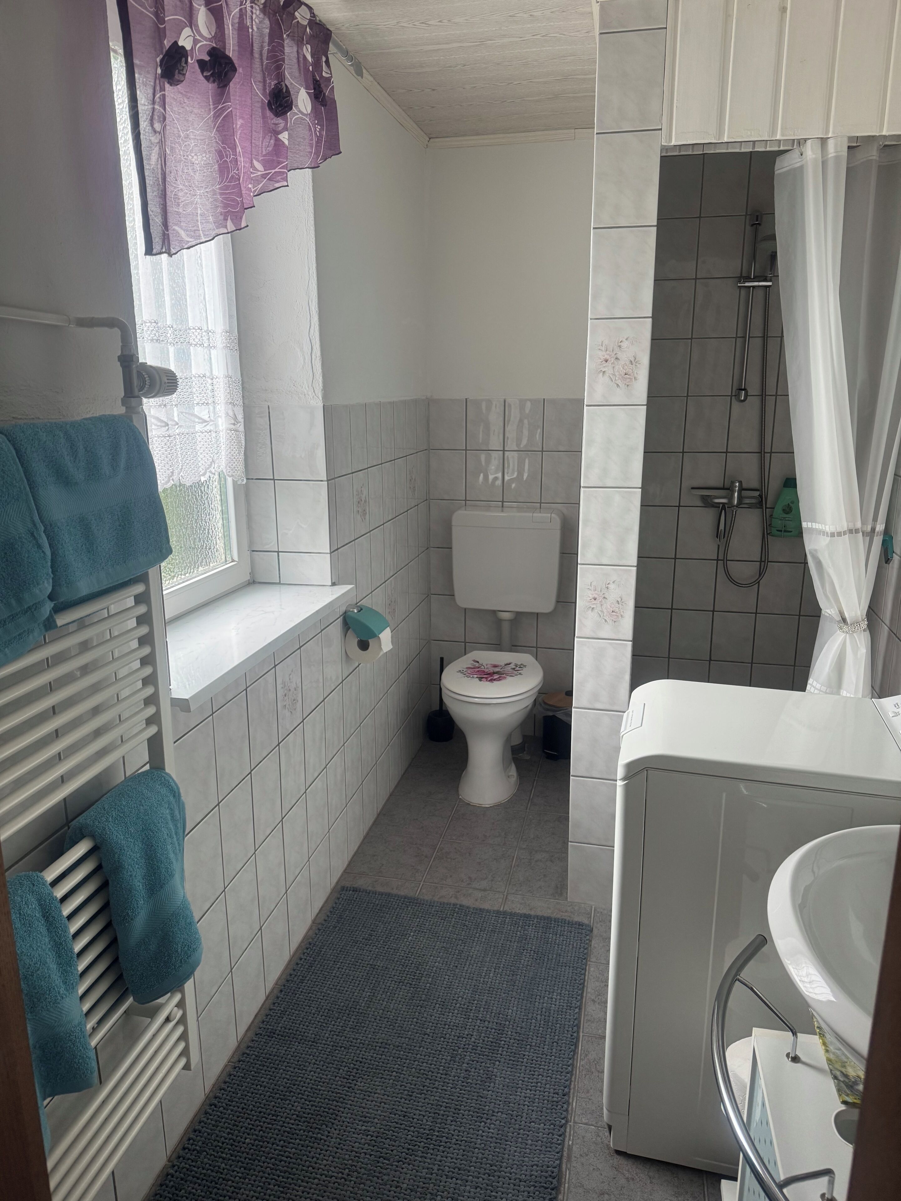 Een badkamer met toilet, douche en een handdoekrek met handdoeken.