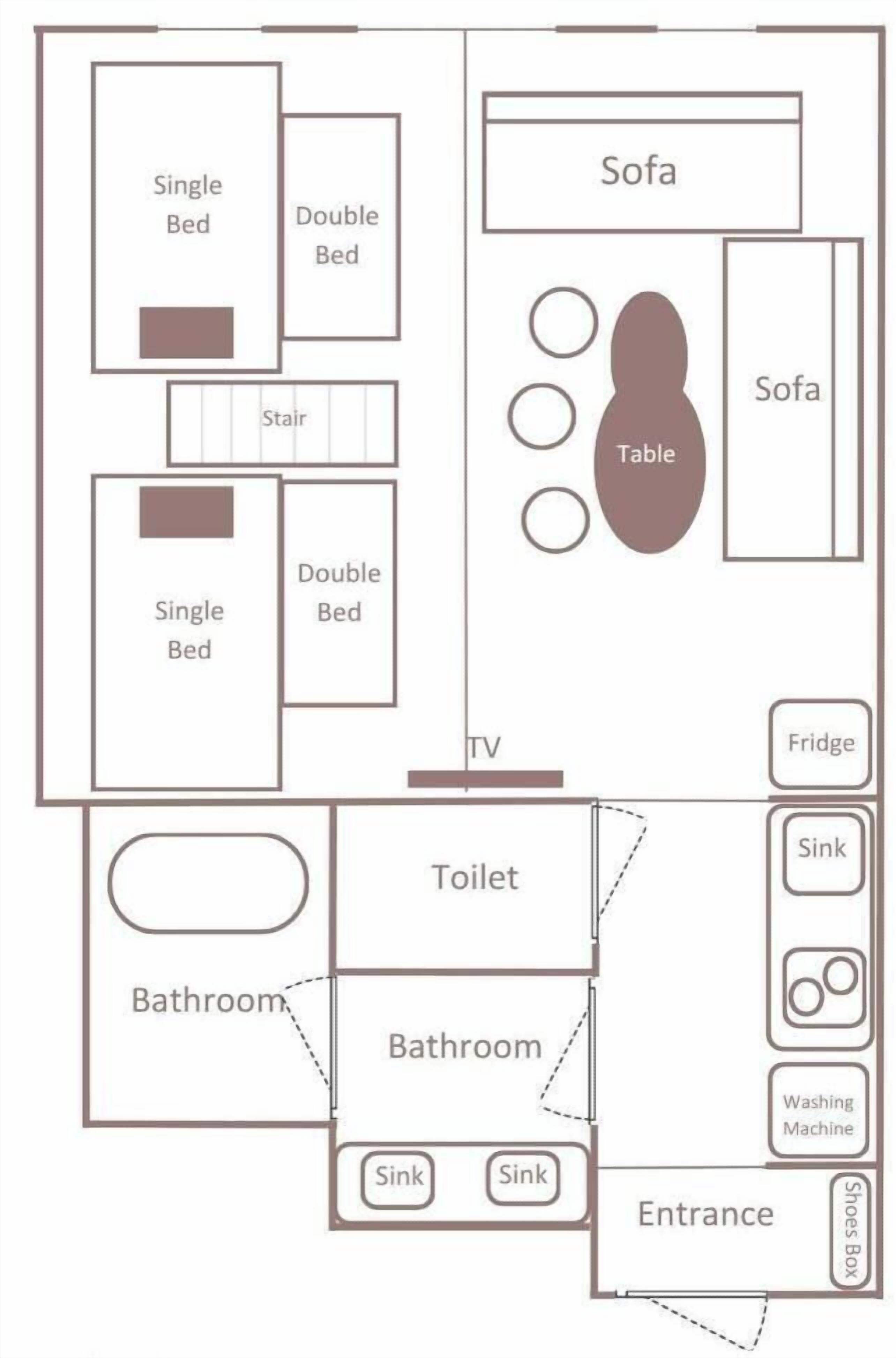 A hotel room layout with single and double beds, a sofa, a table, a TV, a bathroom, a toilet, a fridge, a sink, and a washing machine.