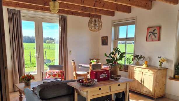 A cozy living room with a sofa, a wooden table with a fruit bowl, a red suitcase, and a view of a green field through the window.