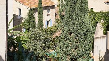 Ein Innenhof mit einem hohen Nadelbaum, einer Bananenpflanze und Steingebäuden mit Ziegeldächern.