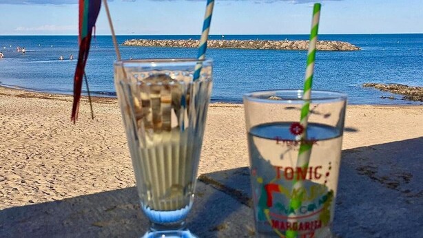 A beach scene with a colorful parrot, two drinks with straws, and a clear view of the ocean. - Apartment 'Marina Oportoducap' with Lake View, Private Terrace and Air Conditioning (Agde)