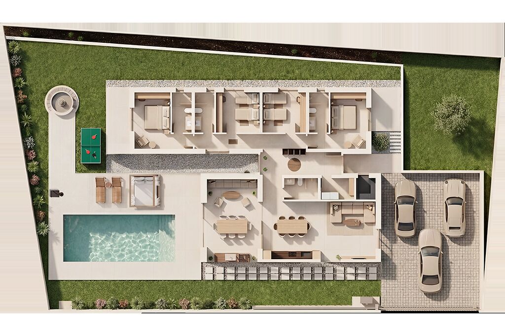 Ein modernes Haus mit Pool, mehreren Schlafzimmern, einer Küche und einer Garage.