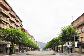 Eine von Bäumen gesäumte Stadtstraße mit Gebäuden an beiden Seiten, einer Kreisverkehr und einem entfernten Berg.