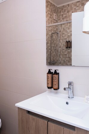 Ein Badezimmer mit einem weißen Waschbecken, einem Spiegel und zwei Shampooflaschen.