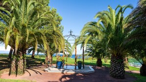 A pathway lined with palm trees leading to a gazebo.