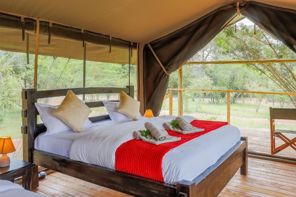 Barraca, varanda, vista para o jardim