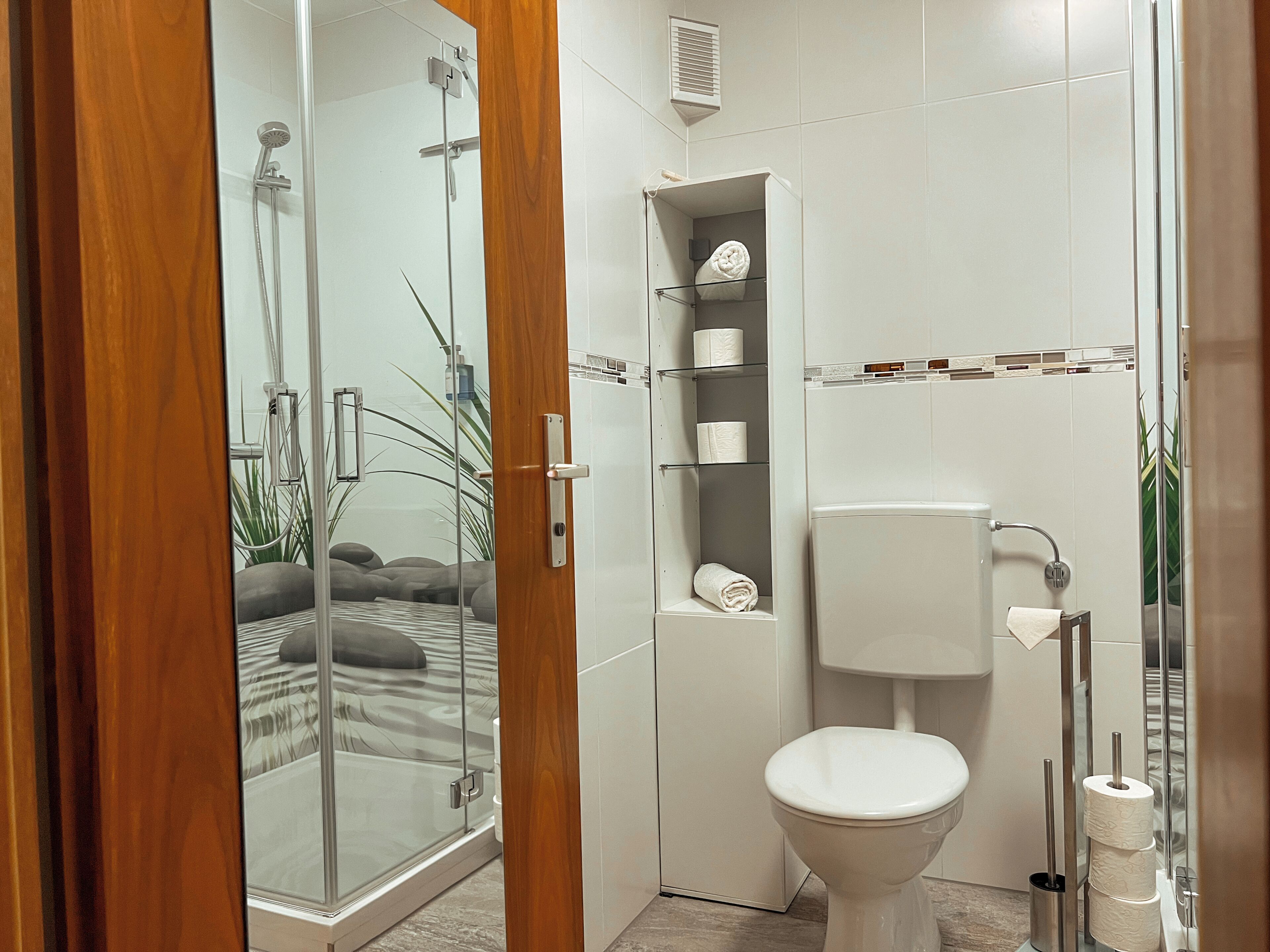 Une salle de bain moderne avec une douche à parois de verre, des toilettes et une étagère contenant des articles de toilette.