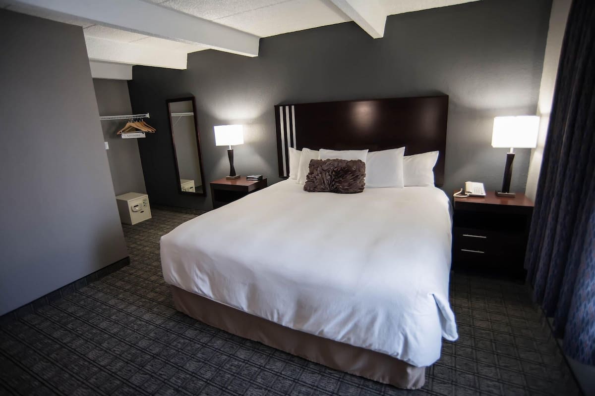 A hotel room with a large bed, two bedside tables with lamps, a mirror, a wardrobe, and a small cabinet.