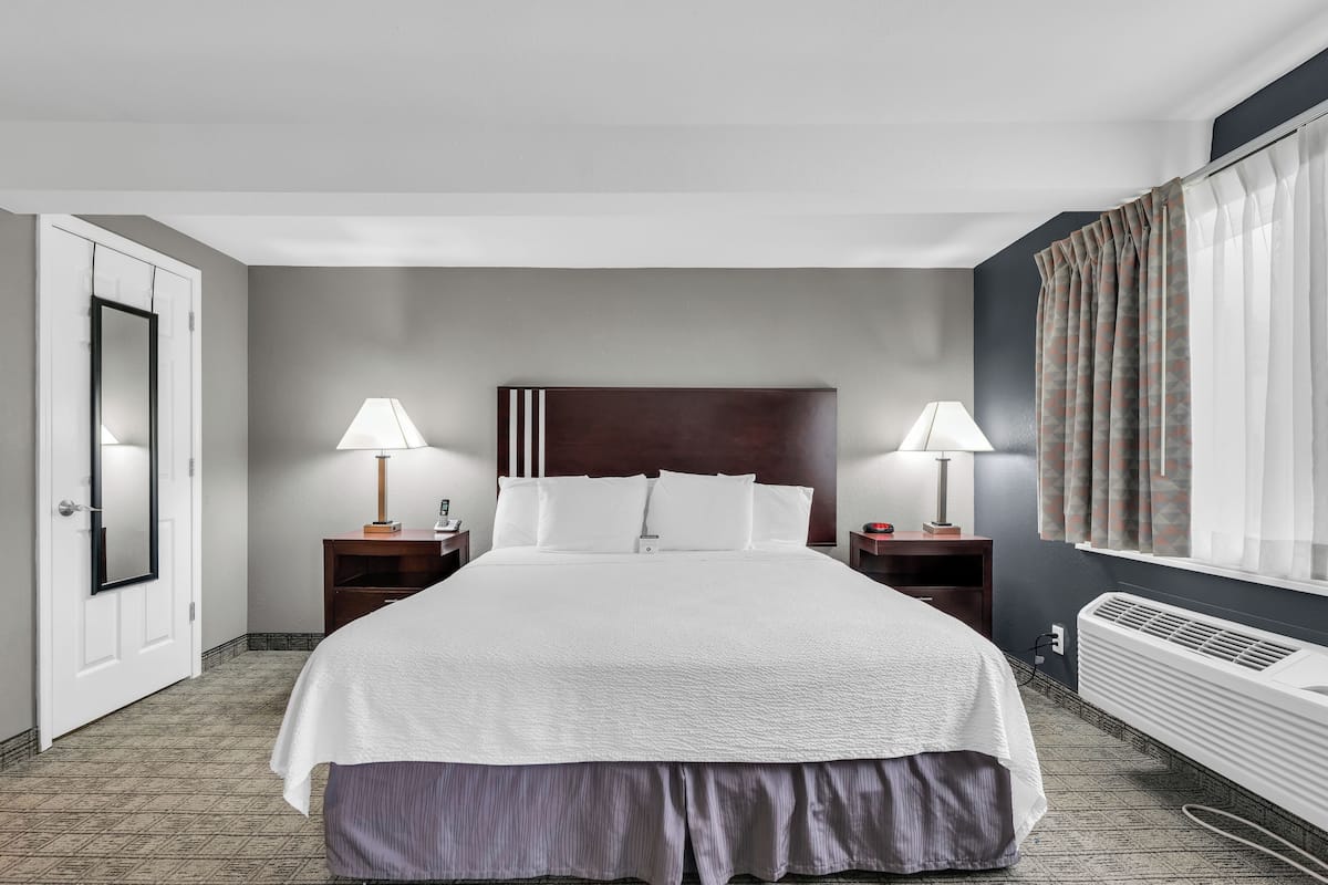 A hotel room with a large bed, two bedside tables with lamps, a headboard, a window with curtains, and a wall-mounted heater.