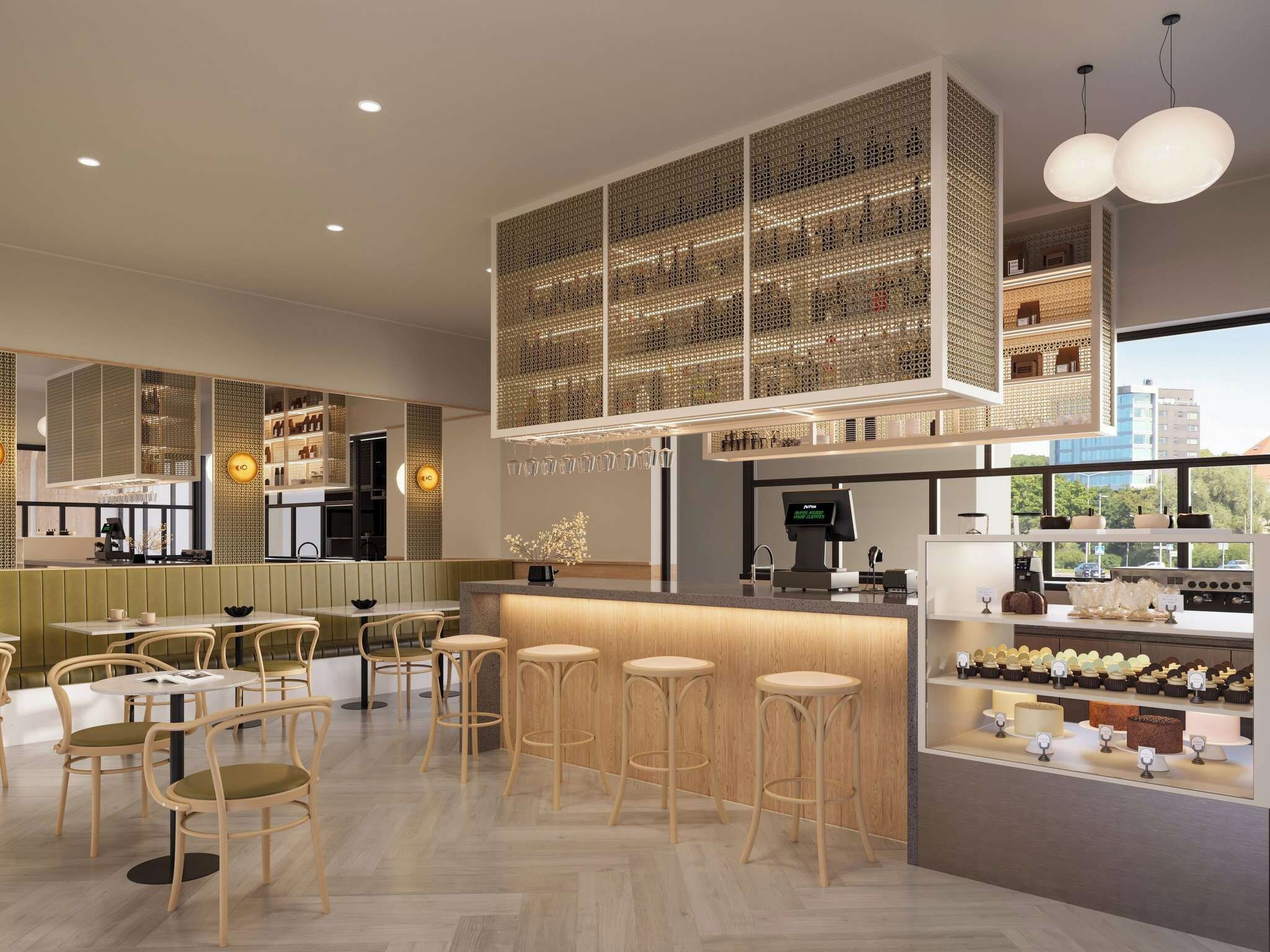 A modern restaurant interior with wooden furniture, a bar area, and a display of desserts.