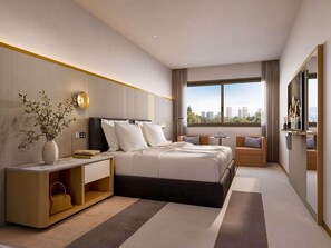 A modern hotel room with a large bed, a bedside table, a small table, a sofa, a TV, and a window with a city view. - The Sebel Parramatta (Sydney)