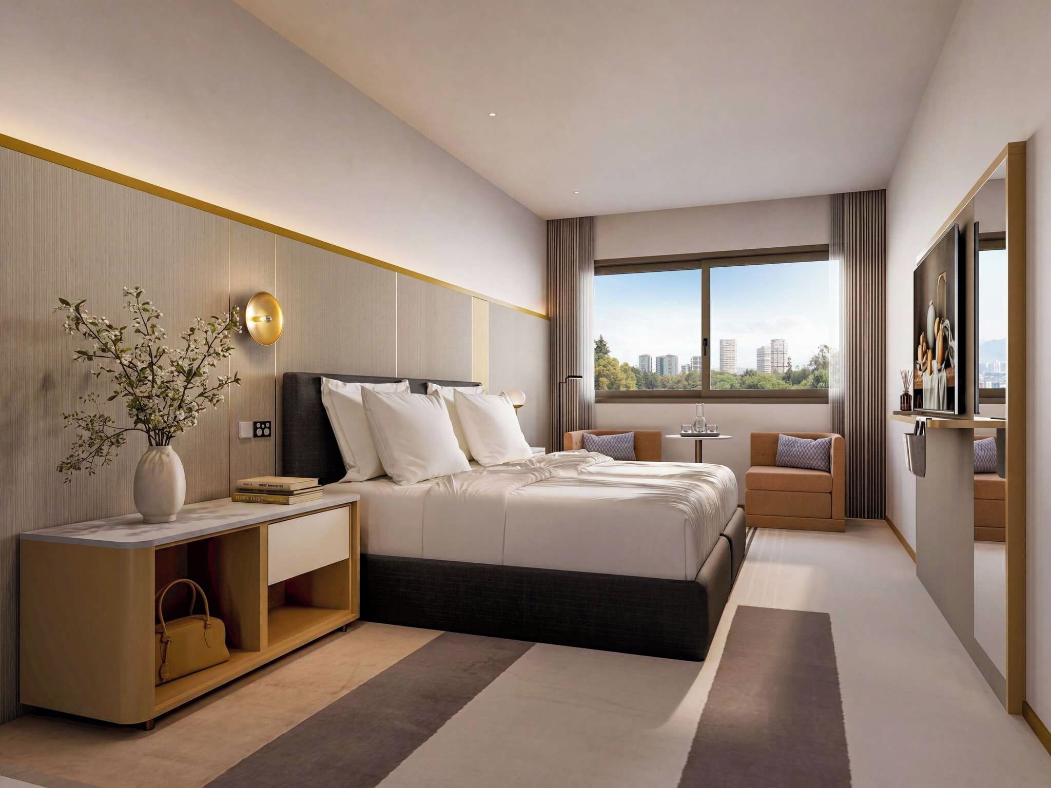 Une chambre d’hôtel moderne dotée d’un grand lit, de tables de chevet, d’un bureau, d’une chaise, d’une télévision et d’une fenêtre donnant sur la ville.