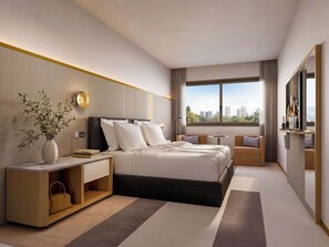 A modern hotel room with a large bed, bedside tables, a desk, a chair, a TV, and a window with a city view. - The Sebel Parramatta (Sydney)