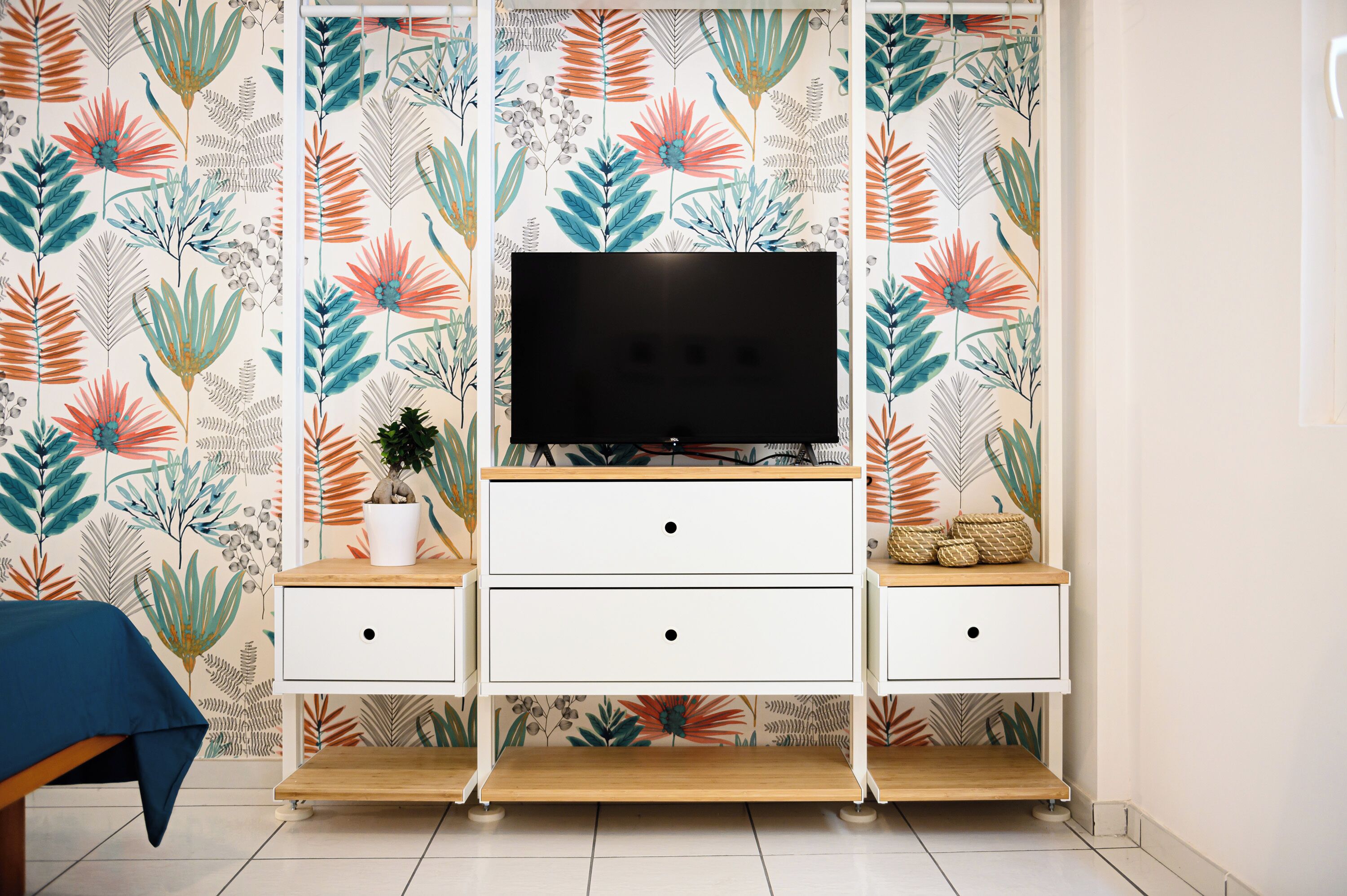 Una habitación con un televisor sobre un mueble bajo, un pequeño armario blanco con cajones, una planta en maceta y una silla azul.