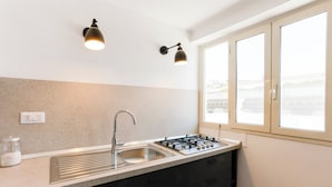 Una cocina moderna con estufa a gas, pileta de acero inoxidable y dos luces empotradas.