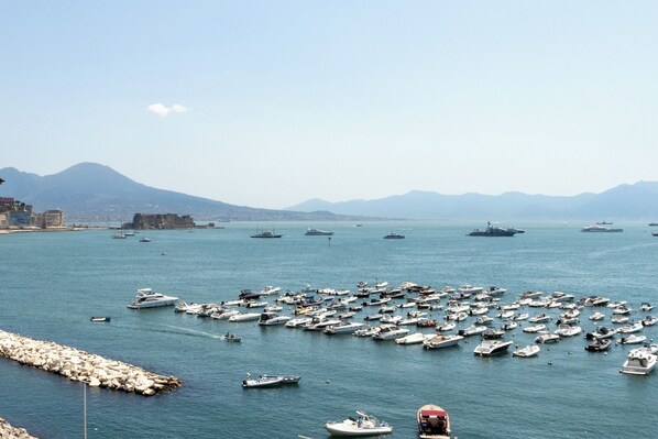 Un puerto deportivo con numerosas embarcaciones amarradas, un rompeolas rocoso y montañas al fondo.