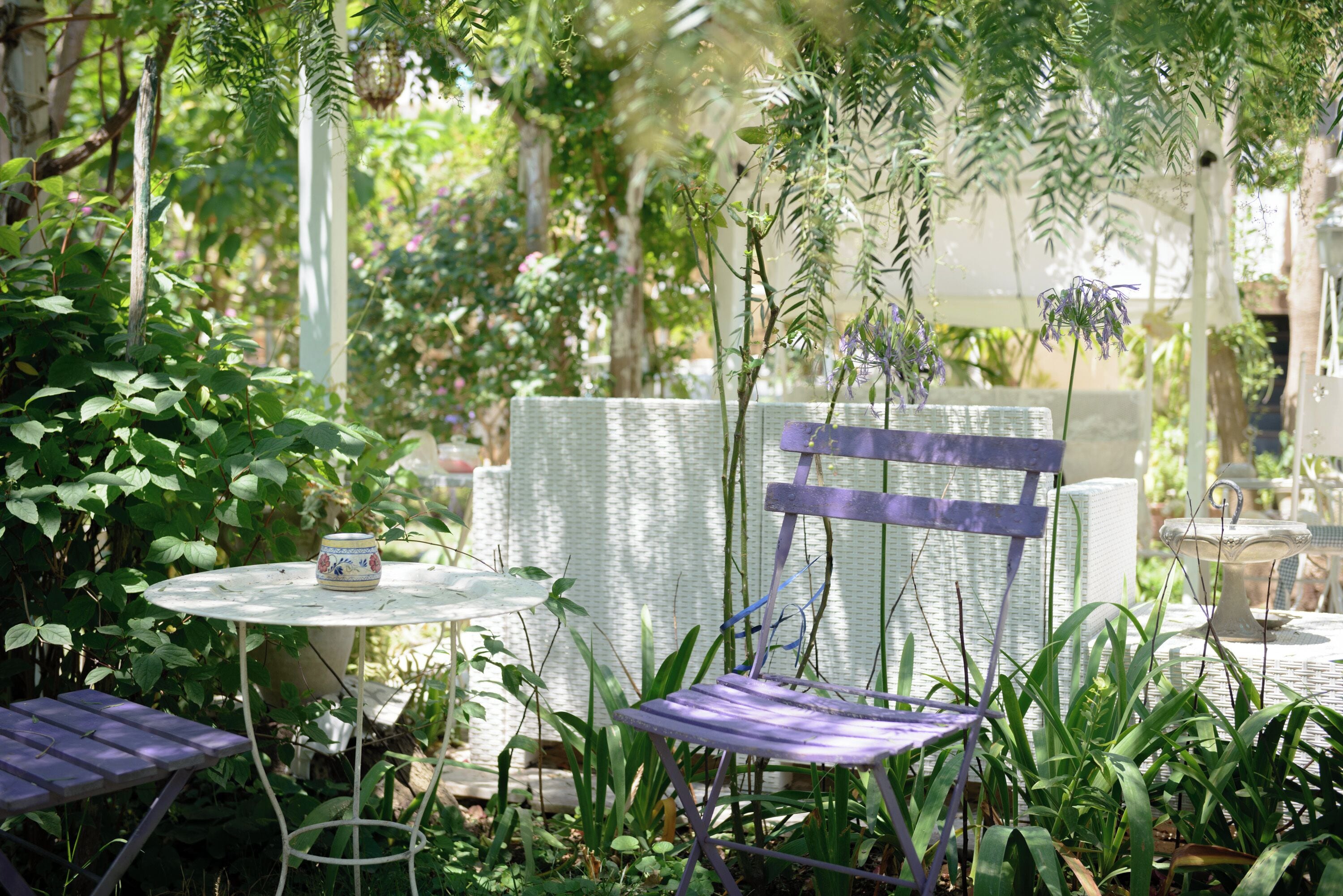 A garden patio with wicker furniture, a table with a decorative pot, and lush greenery.