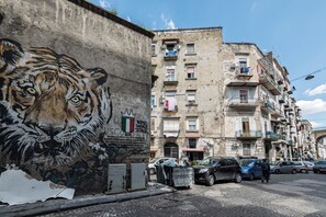 A building with a mural of a tiger, balconies with laundry, and parked cars. - Casa Luce del Sole (Naples)