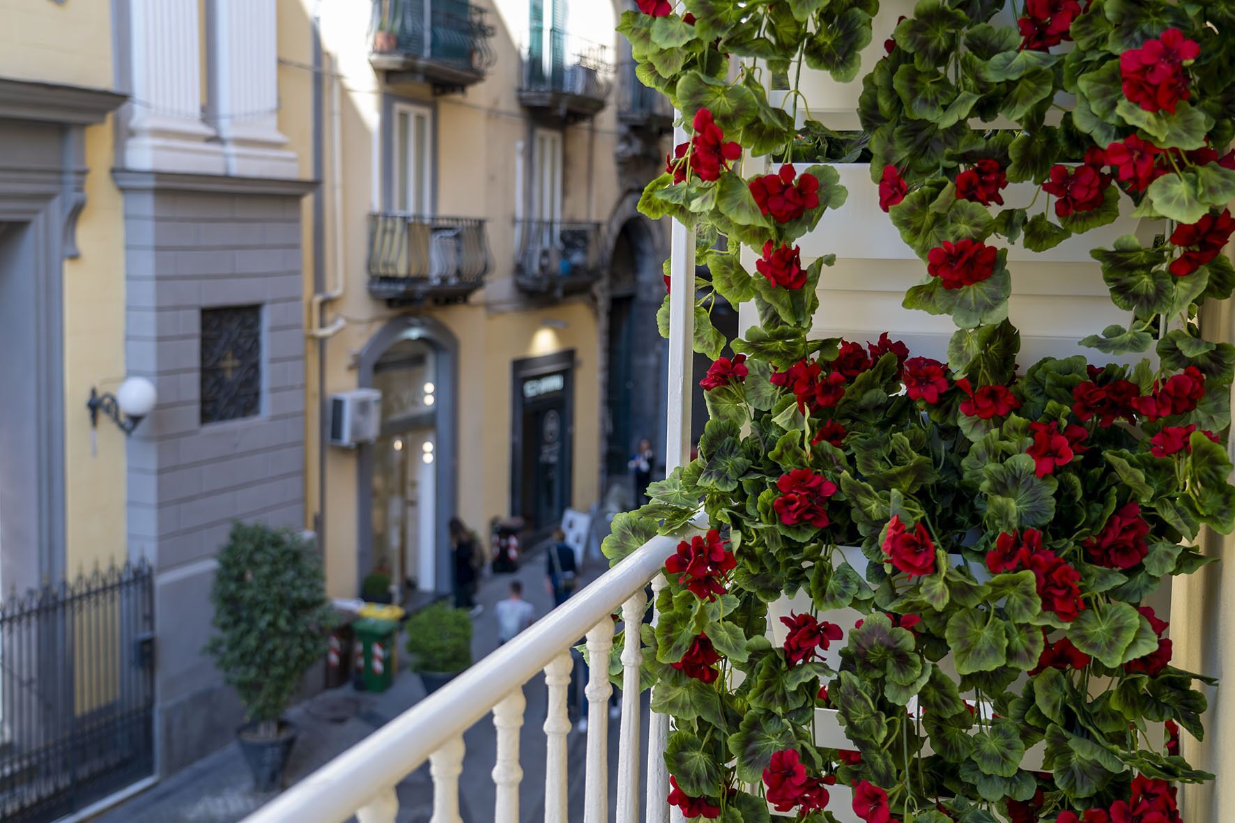 A balcony with red flowers and a view of a street with buildings. - Via Chiaia 123 - Camera Oltremare (Naples)