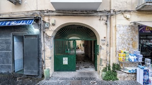 A narrow alleyway with a green gate, a stone wall, and a shop selling toilet paper. - Casaré (Naples)