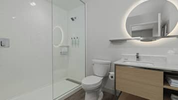 A modern bathroom with a glass shower enclosure, a toilet, and a vanity with a mirror.