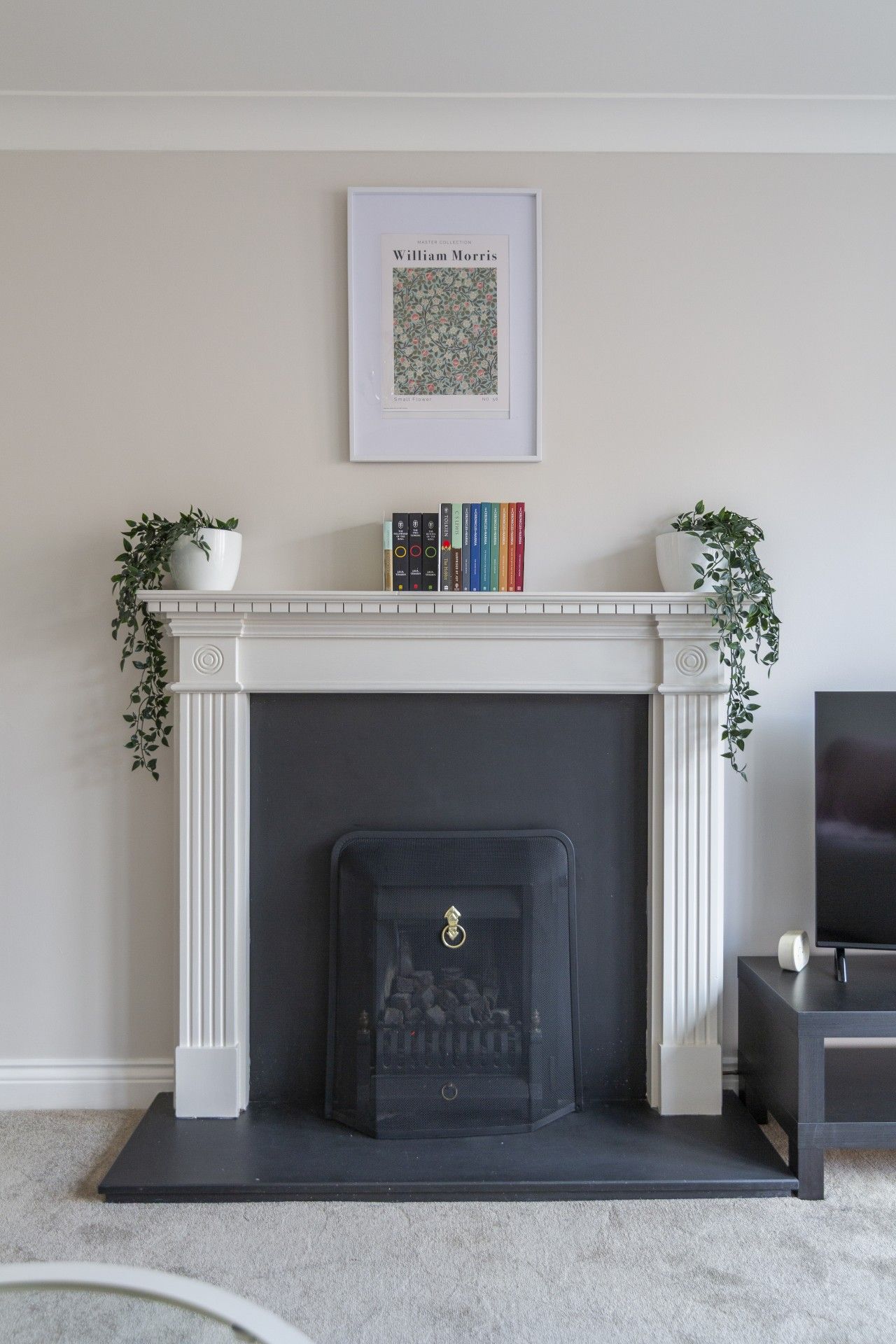A fireplace with a mantel, a framed picture above it, and a row of books below.
