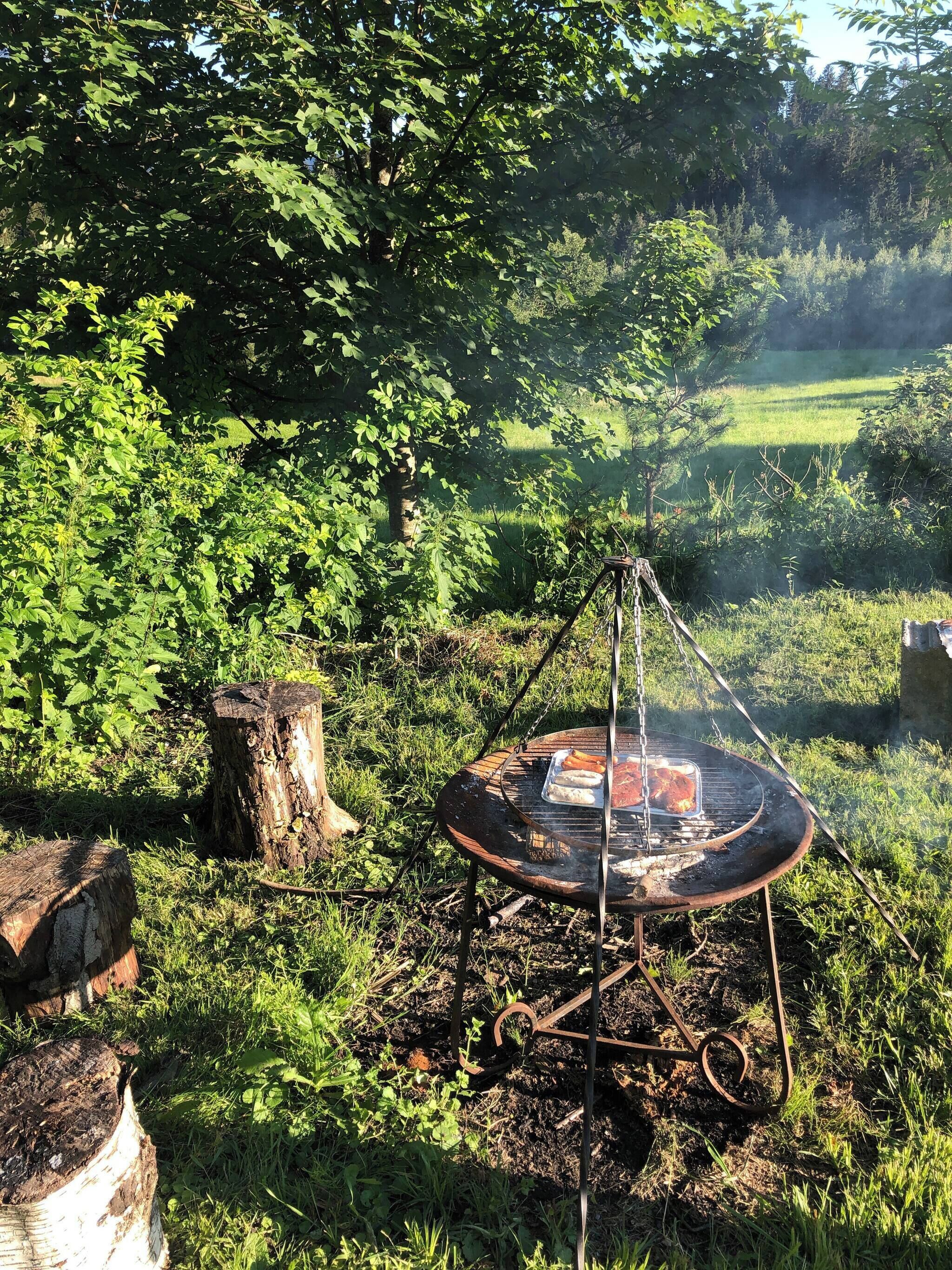 A portable grill set up in a grassy area with trees in the background.