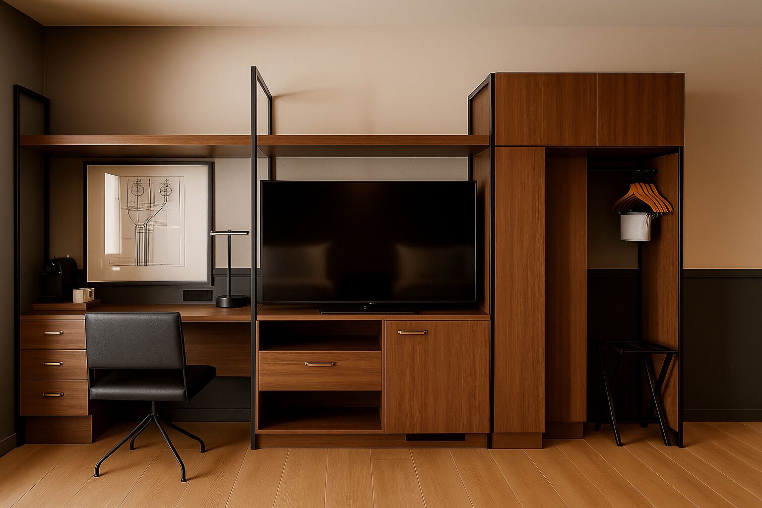 Habitación compacta y moderna con televisión integrada, un escritorio con silla y un armario.